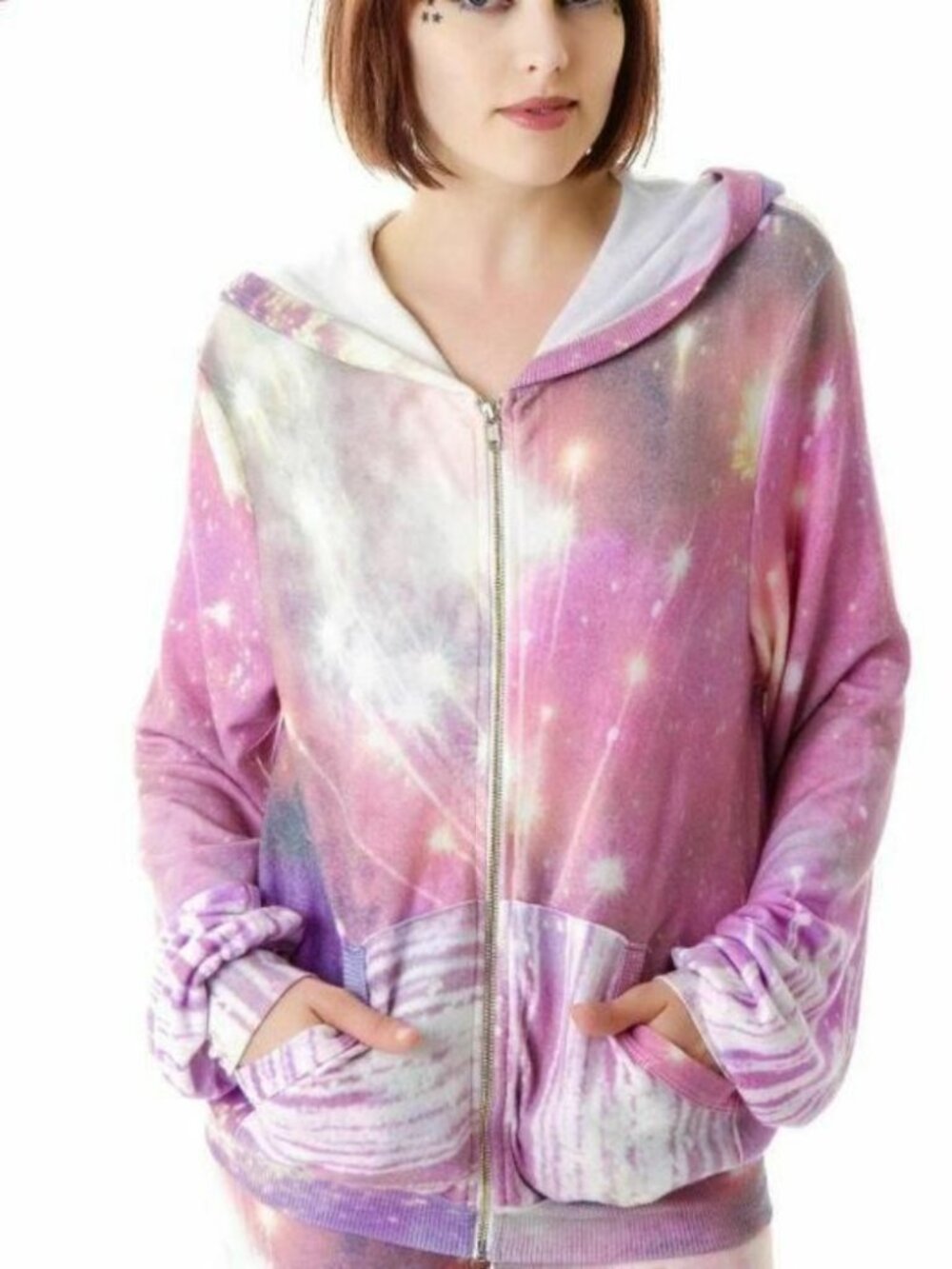 Wildfox Pink Purple Fireworks Stars Fourth of July Graphic Zip Up Hoodie Sweater